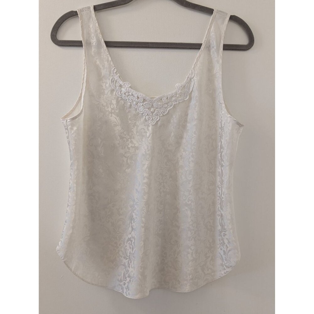 Vintage White Sleeveless Jacquard Tank Top With Lace Trim Scoop Neck